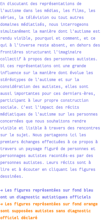 En discutant des représentations de l'autisme dans les médias, les films, les séries, la télévision ou tout autres domaines médiatisés, nous interrogeons simultanément la manière dont l'autisme est rendu visible, pourquoi et comment, et ce qui à l'inverse reste absent, en dehors des frontières structurant l'imaginaire collectif à propos des personnes autistes. Si ces représentations ont une grande influence sur la manière dont évolue les stéréotypes de l'autisme et sur la considération des autistes, elles sont aussi importantes pour ces derniers·ères, participant à leur propre construction sociale. C'est l'impact des récits médiatiques de l'autisme sur les personnes concernées que nous souhaitons rendre visible et lisible à travers des rencontres sur le sujet. Nous partageons ici les premiers échanges effectuées à ce propos à travers un paysage figuré de personnes et personnages autistes racontés·es par des personnes autistes. Leurs récits sont à lire et à écouter en cliquant les figures dessinées. → Les figures représentées sur fond bleu ont un diagnostic autistiques officiels → Les figures représentées sur fond orange sont supposées autistes sans diagnostic officiel déclaré